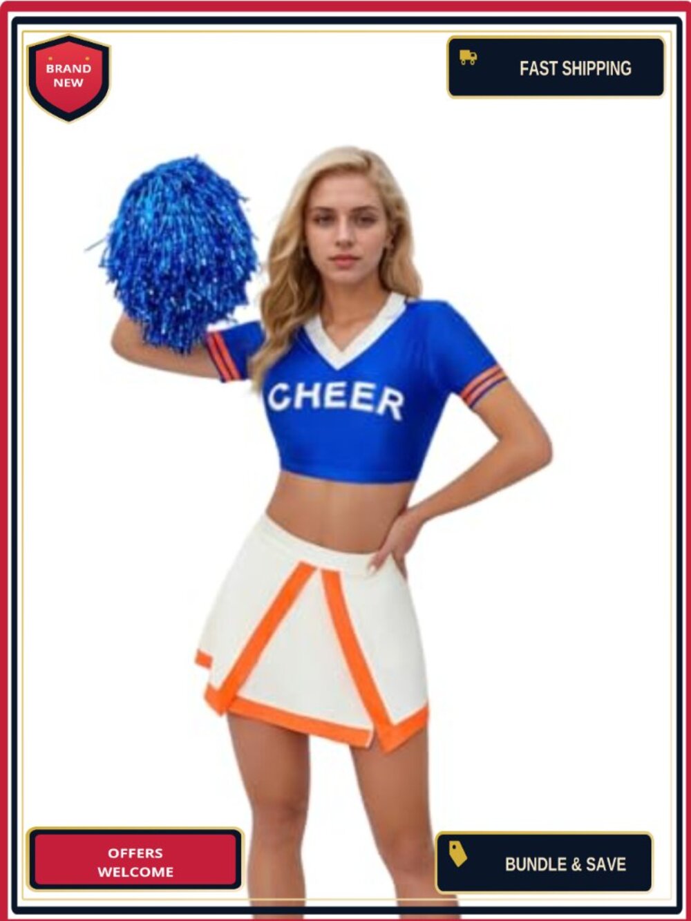 Cheerleader Costume Set Crop Top Skirt Pom Poms Halloween Cosplay